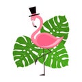 Pink Flamingo vector illustration with tropical palm leaves Royalty Free Stock Photo